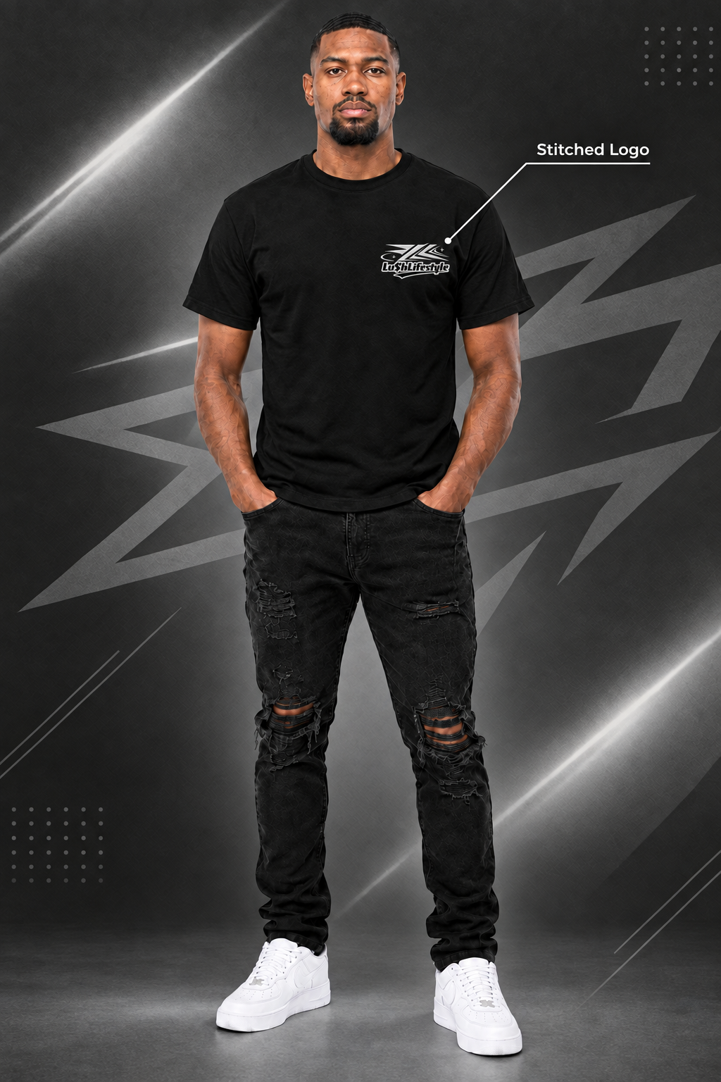 Sharpened stitched logo with background and callout